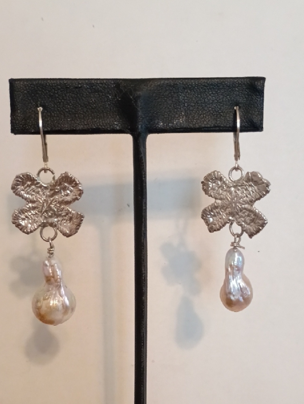 Silver Floral Pearl Drop Earrings Bridal Dangle Baroque Pearl Earrings